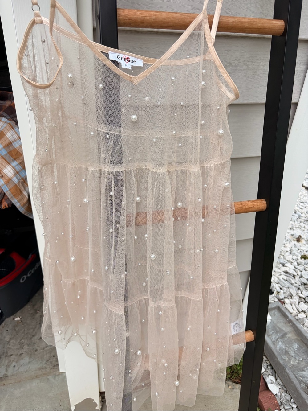 💎GeeGee Beige Sheer Mesh Pearl Embellished Top - Size S